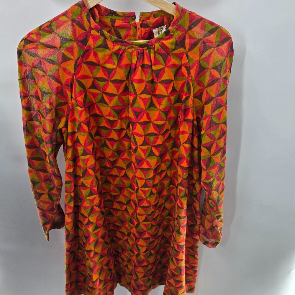 Vintage Jody of California 70s Orange Brown Green Geometric Mini Dress Flaws